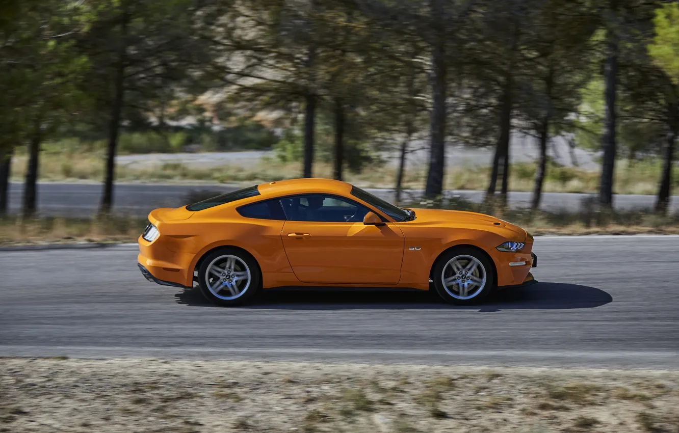 Photo wallpaper orange, movement, Ford, profile, 2018, fastback, Mustang GT 5.0