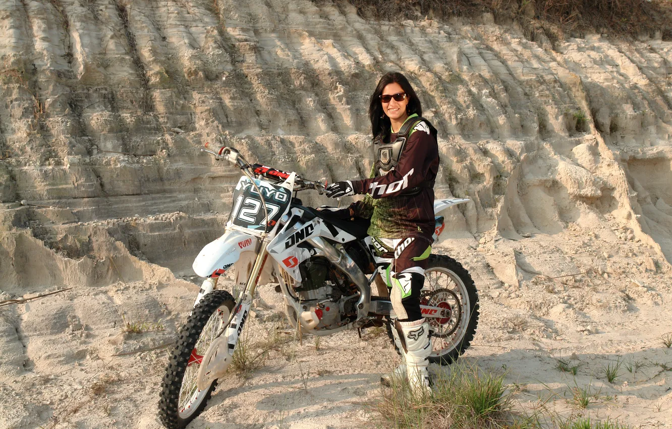 Photo wallpaper girl, bike, motorcycle, brunette, sunglasses