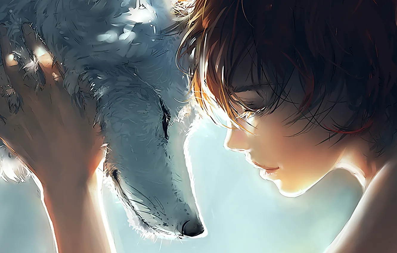 Photo wallpaper girl, love, face, wolf, redhead, painting, eyes closed