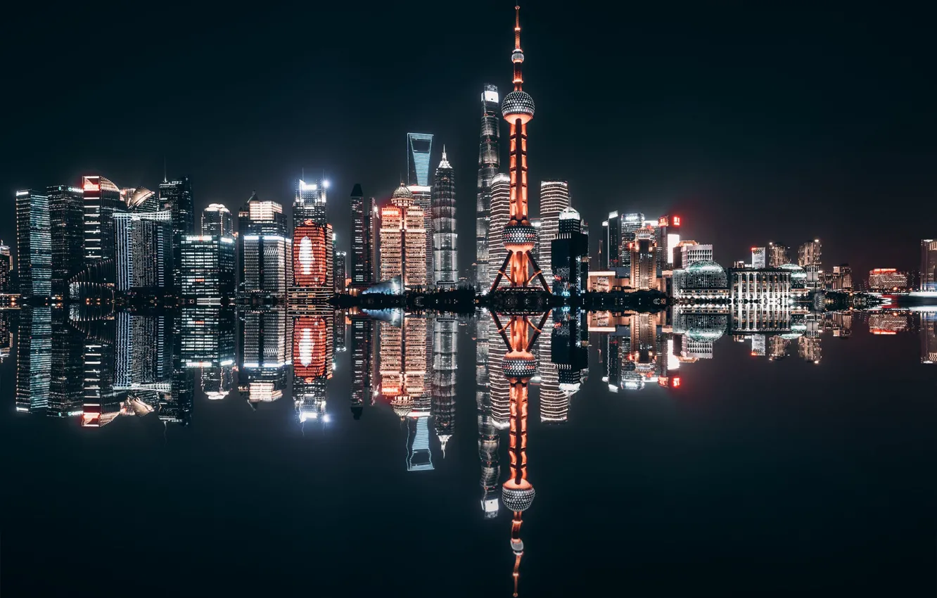 Photo wallpaper light, night, the city, lights, reflection, the dark background, shore, view