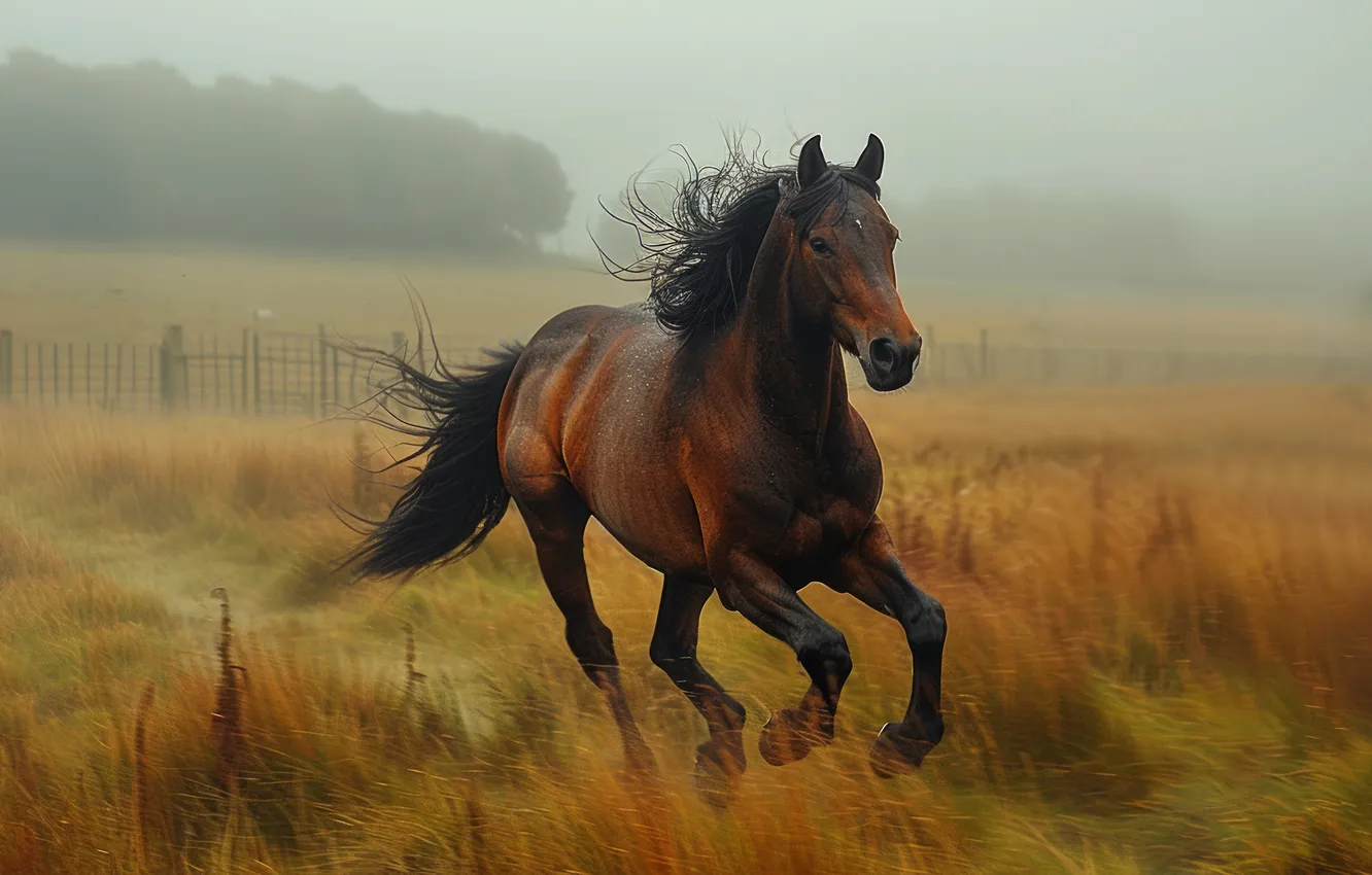 Photo wallpaper field, fog, horse, horse, running, chestnut, AI art, neural network