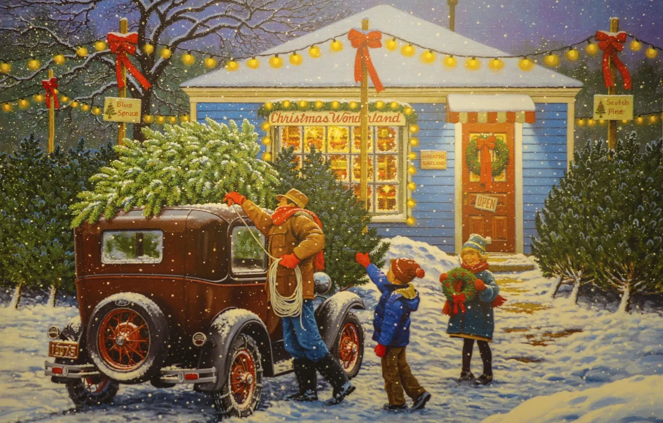 Photo wallpaper machine, snow, holiday, tree, Christmas, family, garland, John Sloane