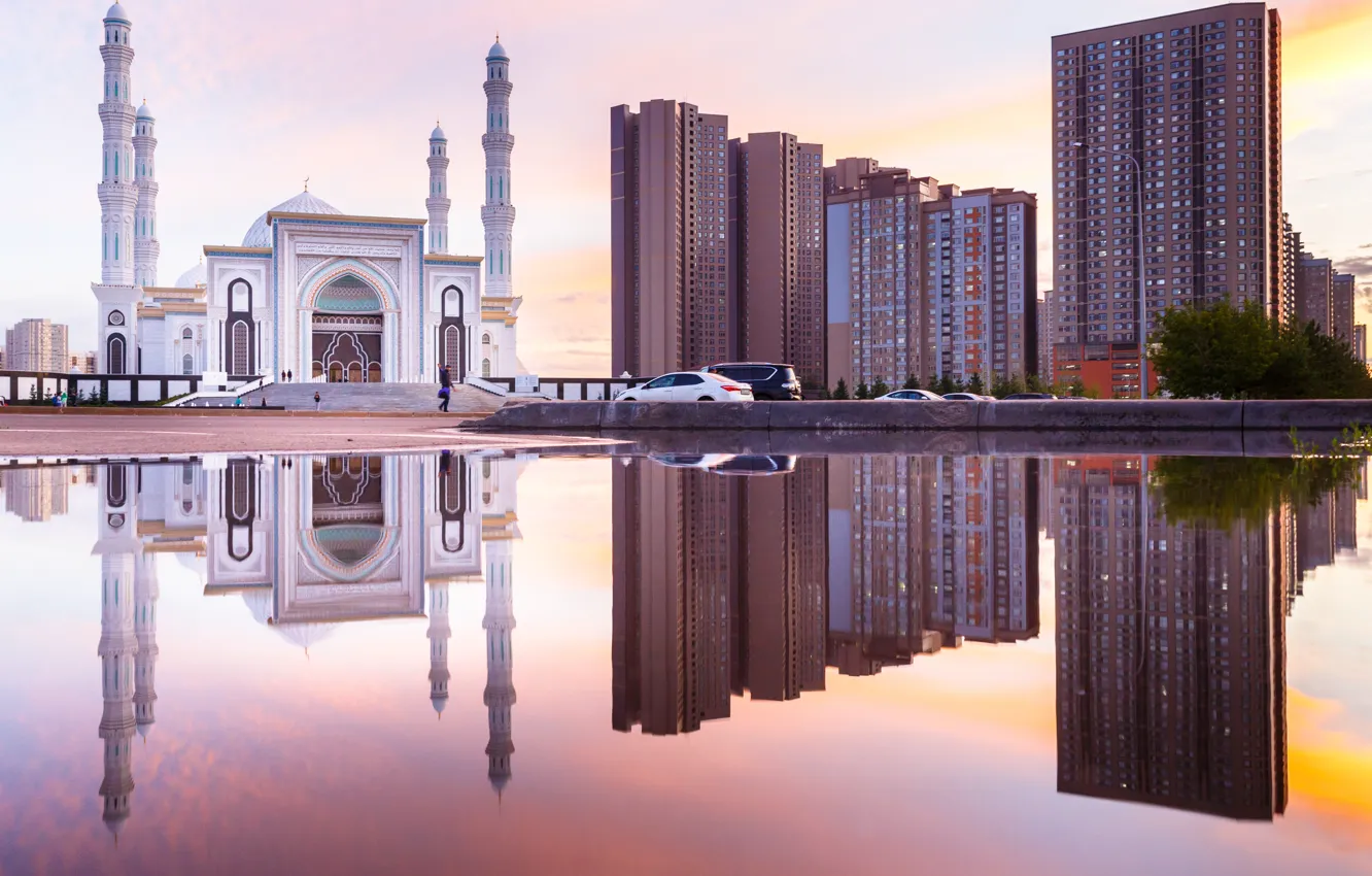 Photo wallpaper reflection, home, mosque, Kazakhstan, Astana, Hazret-Sultan