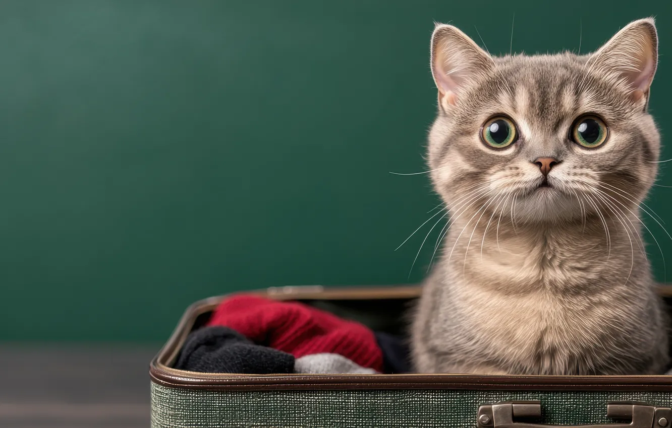 Photo wallpaper cat, cat, look, grey, things, suitcase, kitty, face