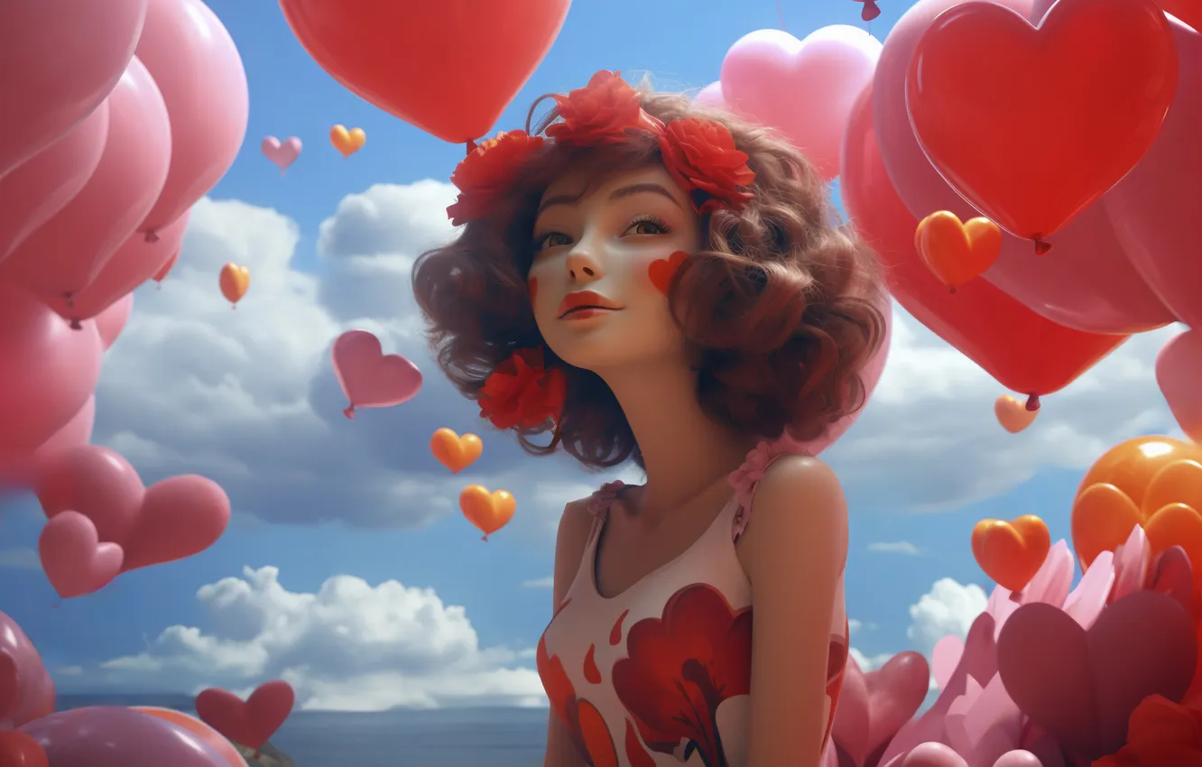 Photo wallpaper girl, love, balls, hearts, ai art