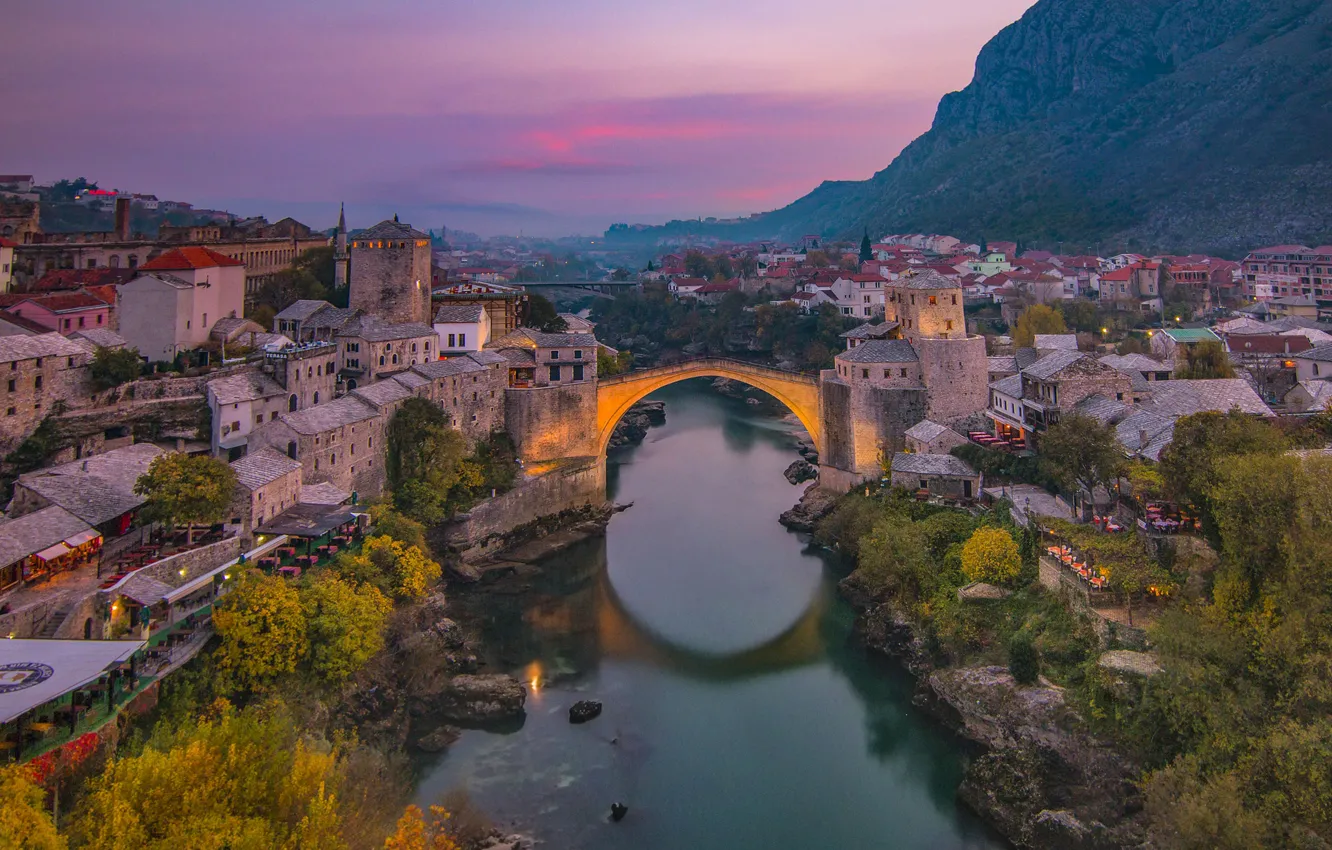 Photo wallpaper night, bridge, river, home, Bosnia and Herzegovina, Mostar