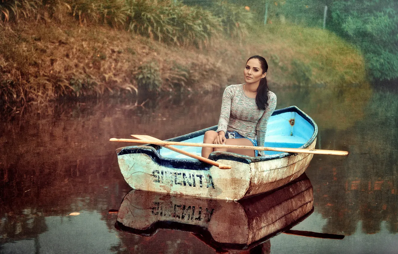 Photo wallpaper girl, lake, boat