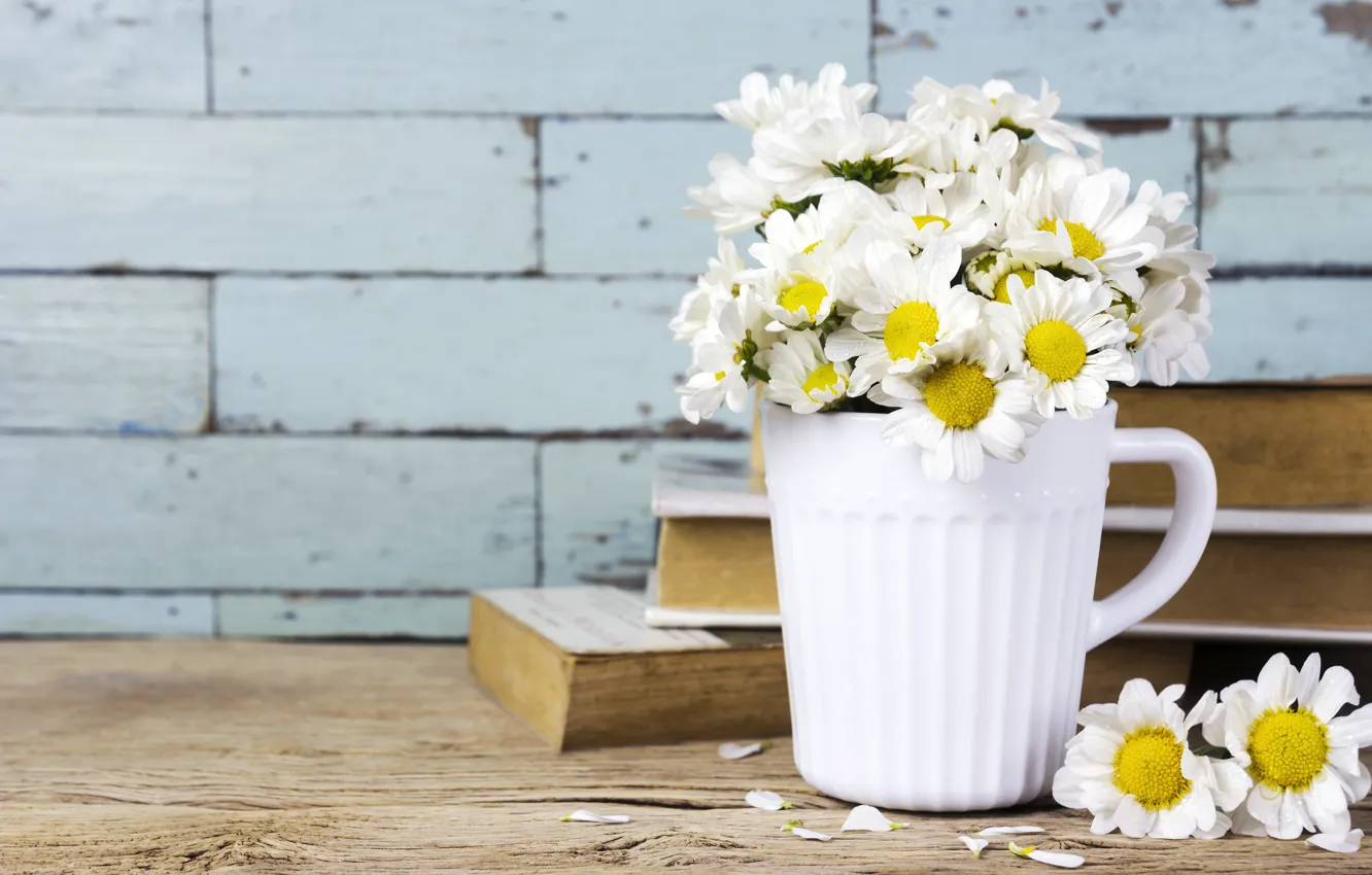 Photo wallpaper flowers, chamomile, mug, flowers, romantic, mug, camomile