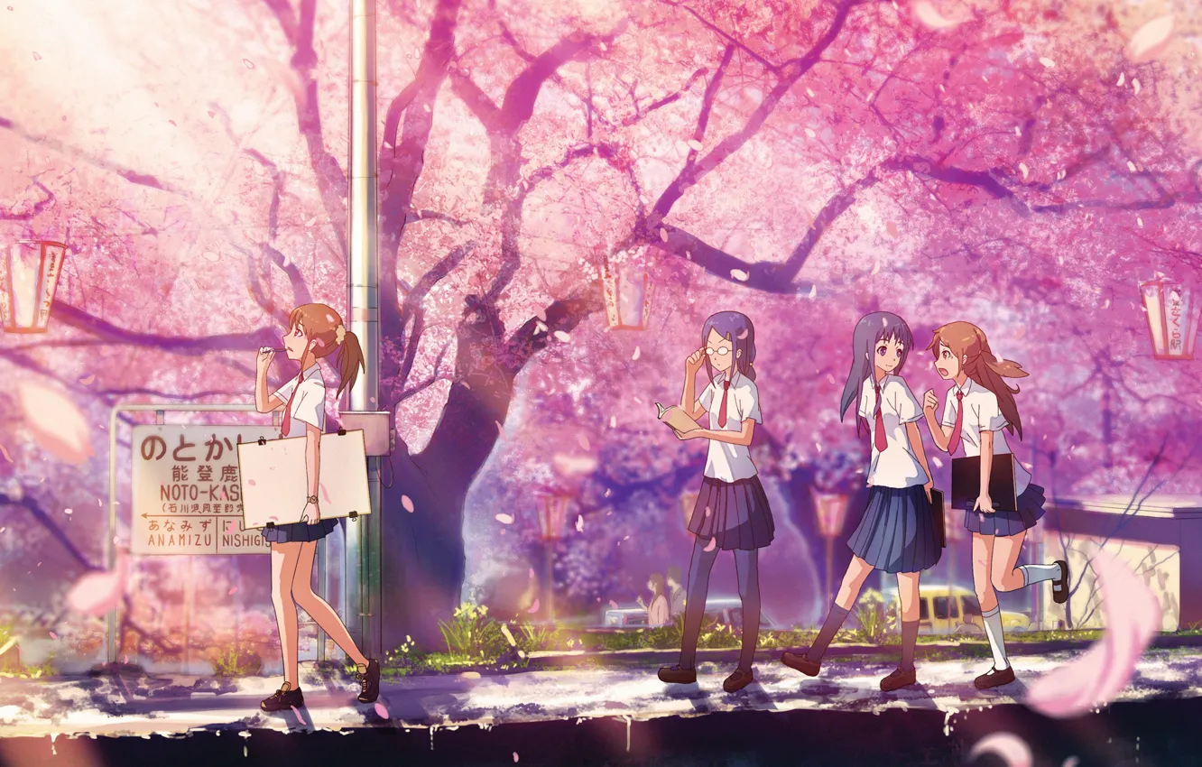 Photo wallpaper Park, spring, Sakura, lights, tie, form, Schoolgirls, flowering