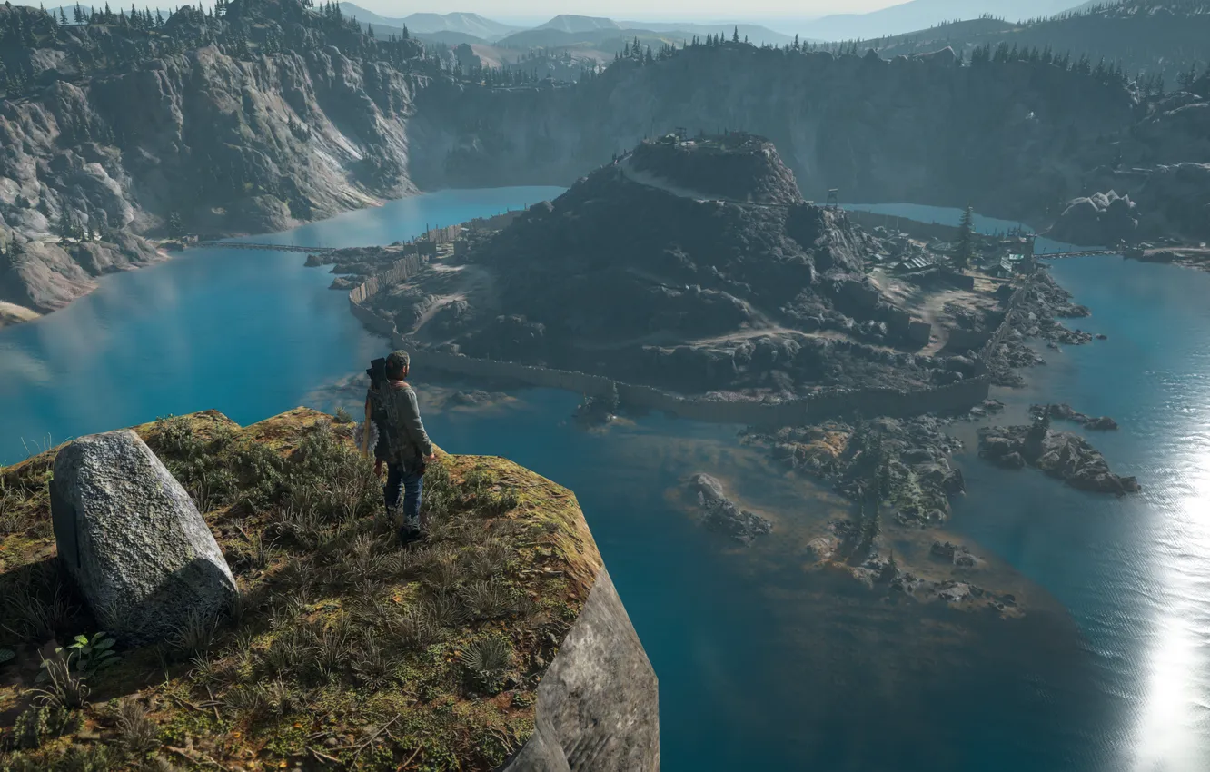 Photo wallpaper landscape, mountains, base, haze, postapokalipsis, azure water, render, computer game