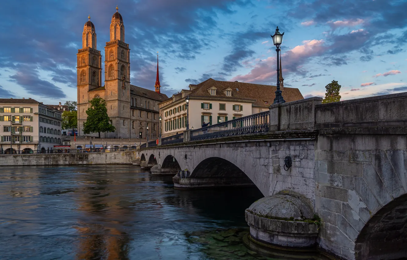 Photo wallpaper bridge, the city, river, photo, the evening, Switzerland, Zurich, Street lights