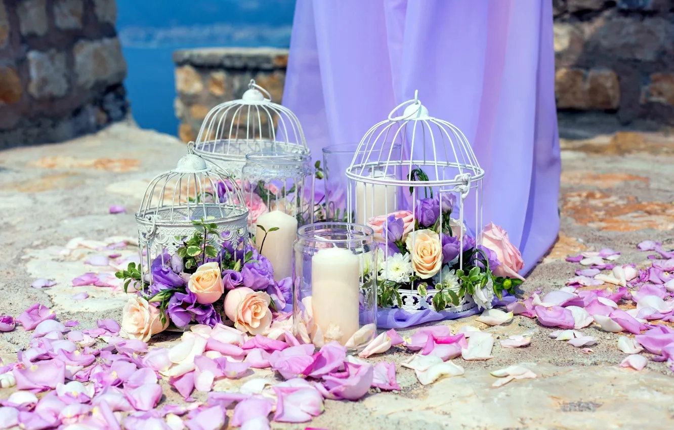 Photo wallpaper flowers, roses, bouquet, cell, candles, petals, decor, eustoma