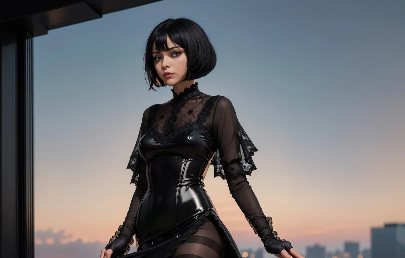 Photo wallpaper look, girl, sunset, evening dress, digital art, art work Razor127, AI ART