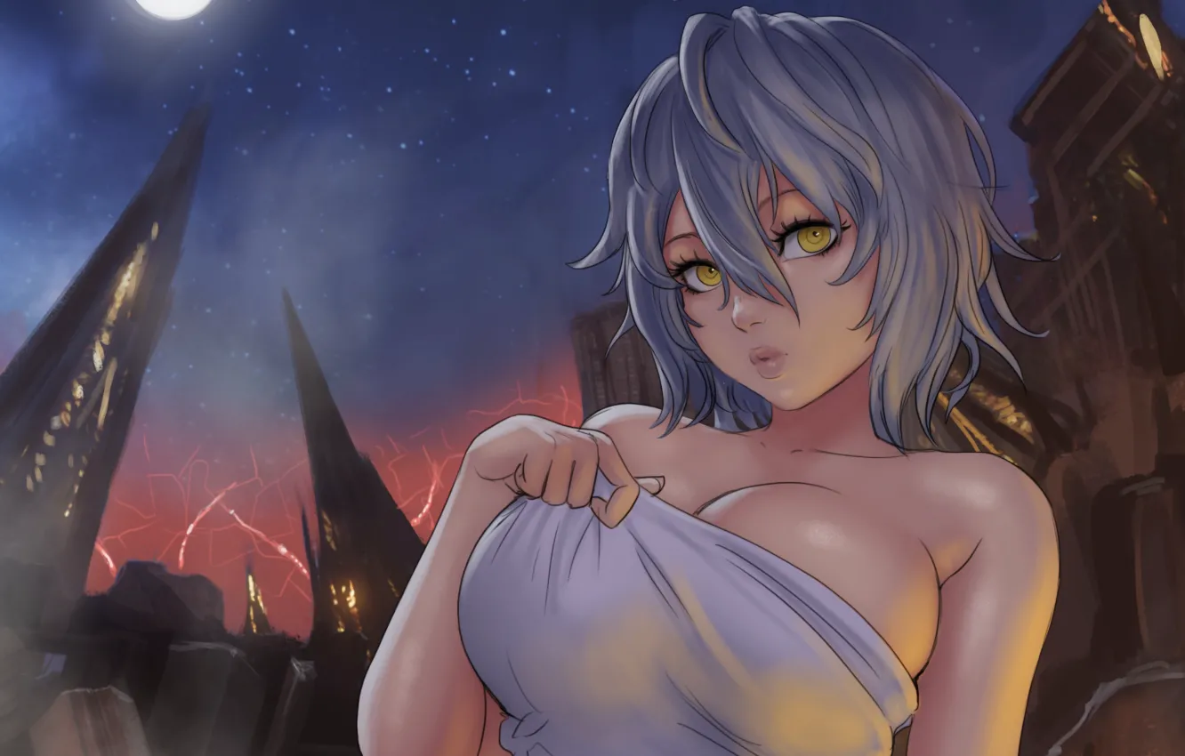 Photo wallpaper girl, moon, sexy, cleavage, boobs, anime, night, beautiful