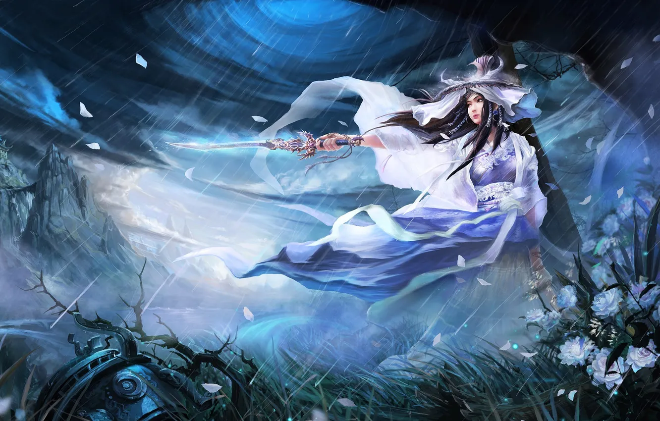 Photo wallpaper girl, night, clouds, rain, storm, sword, art, funnel