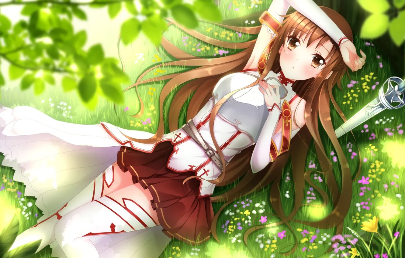 Photo wallpaper grass, leaves, girl, flowers, weapons, tree, branch, sword