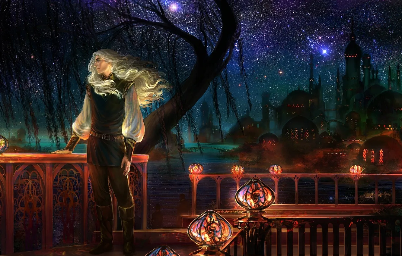 Photo wallpaper stars, night, lights, railings, male, the dome, veranda