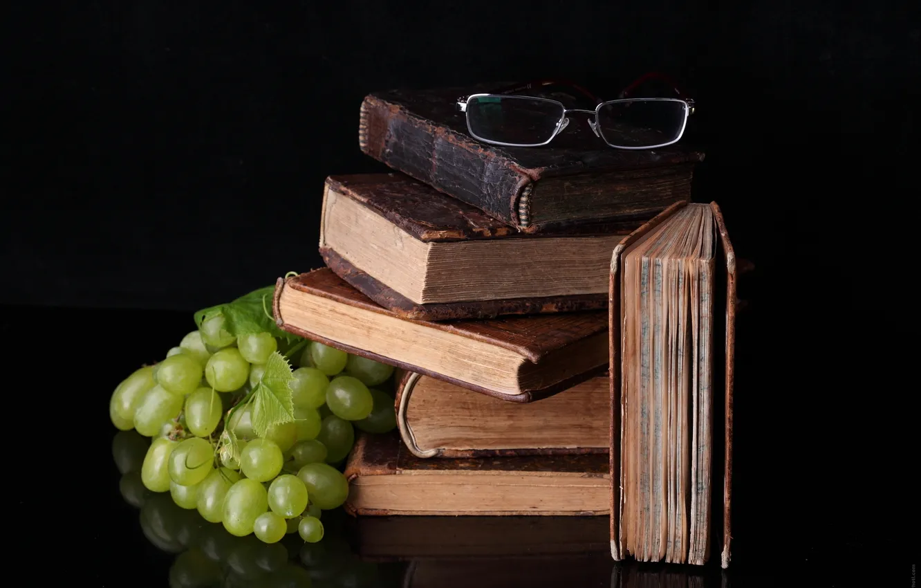 Photo wallpaper reflection, table, books, glasses, grapes, food for thought