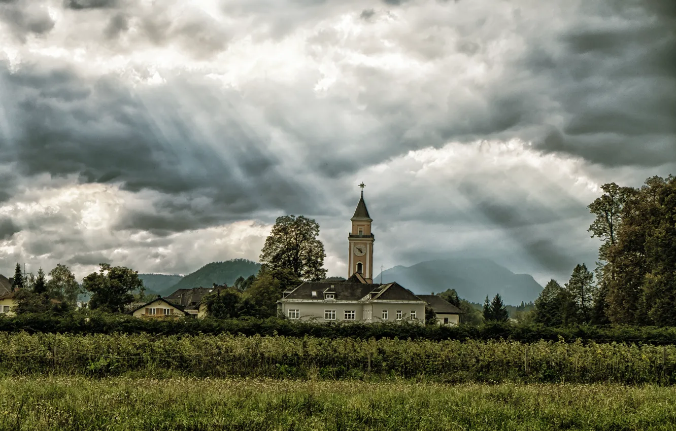 Photo wallpaper field, the sun, clouds, mountains, village, Church