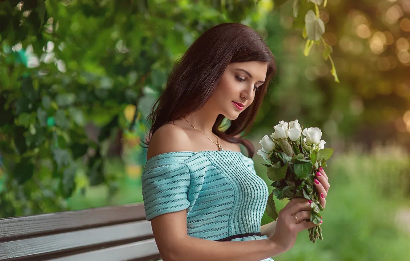 Photo wallpaper leaves, girl, decoration, flowers, nature, roses, bouquet, dress
