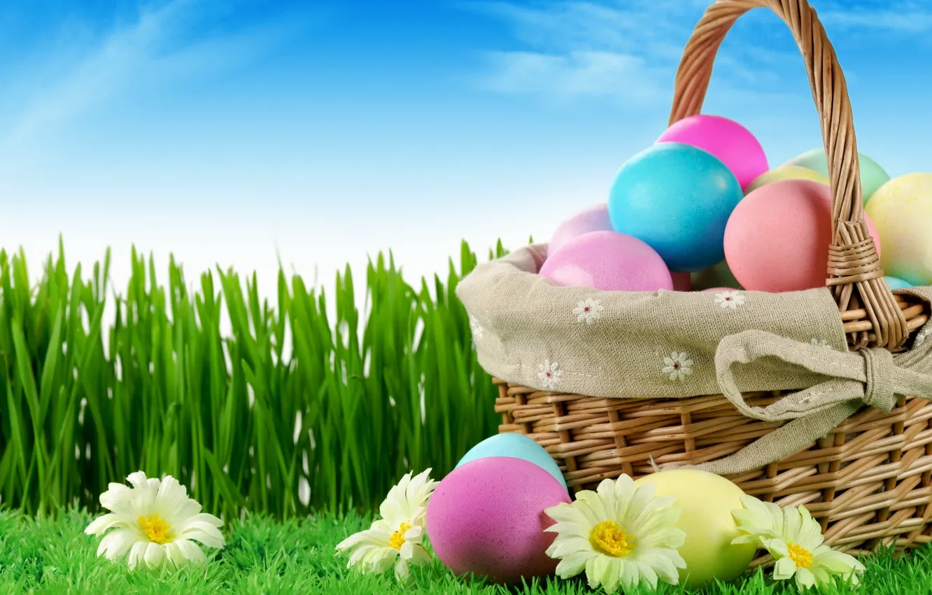 Photo wallpaper grass, basket, eggs, spring, Easter, Easter, egg