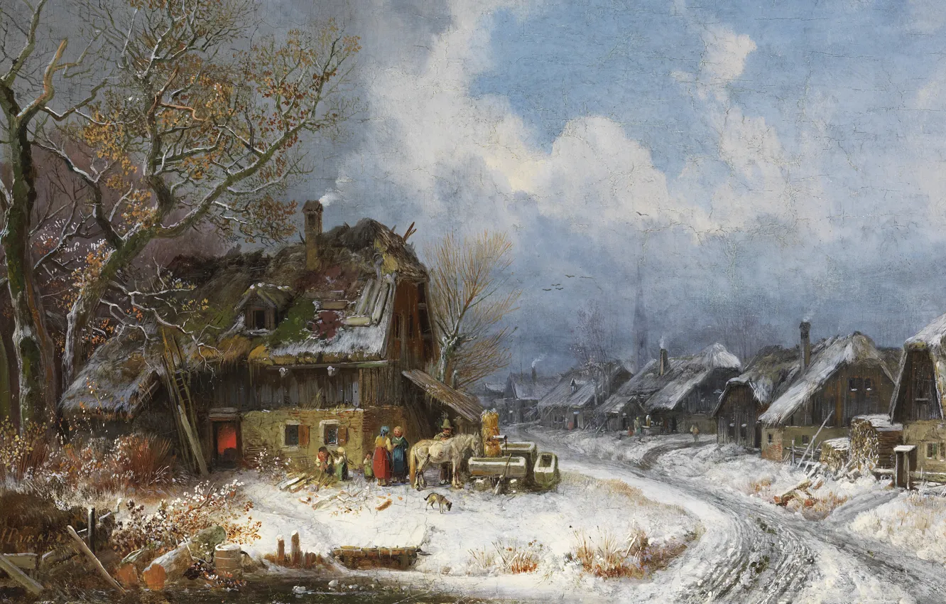 Photo wallpaper 1845, oil on canvas, Henry Burkel, Winter Village, Winter village, Wintry village, Heinrich Bürkel, the …