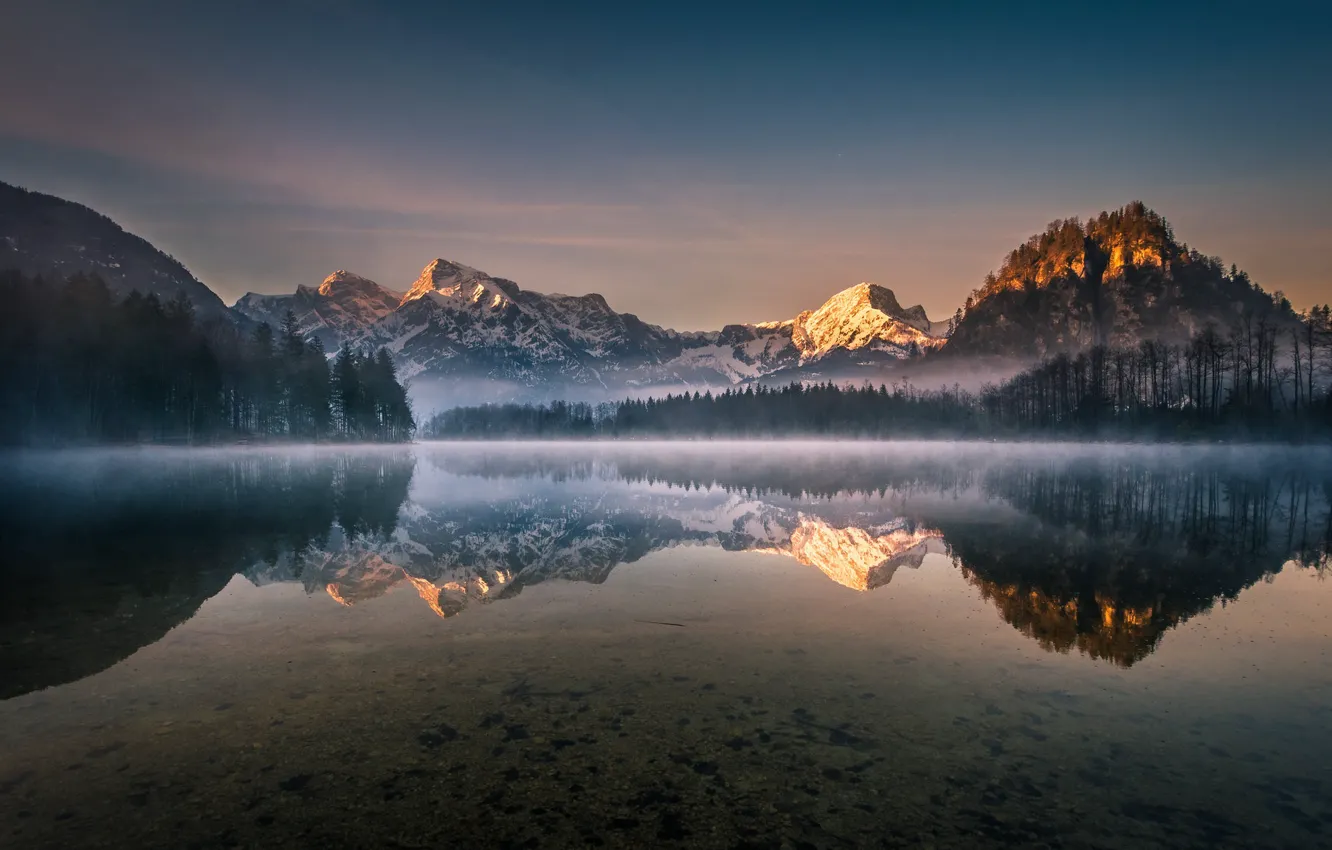 Photo wallpaper forest, the sky, trees, mountains, lake, reflection, dawn, Austria