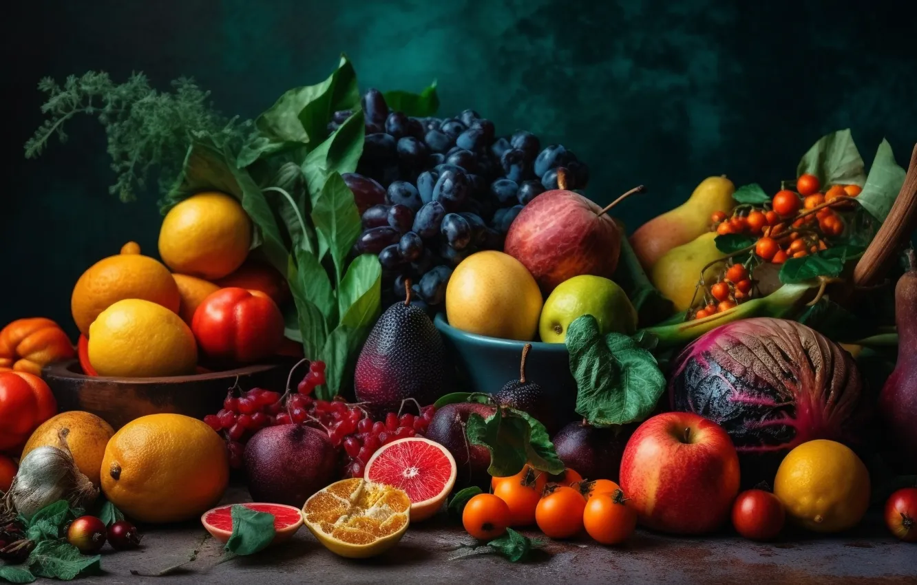 Photo wallpaper greens, berries, table, lemon, apples, food, harvest, grapes