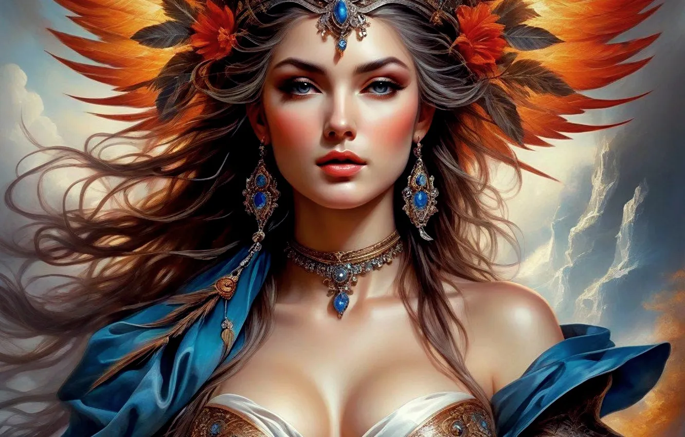 Photo wallpaper girl, wings, feathers, fantasy, AI art, fantasy girl, neural network