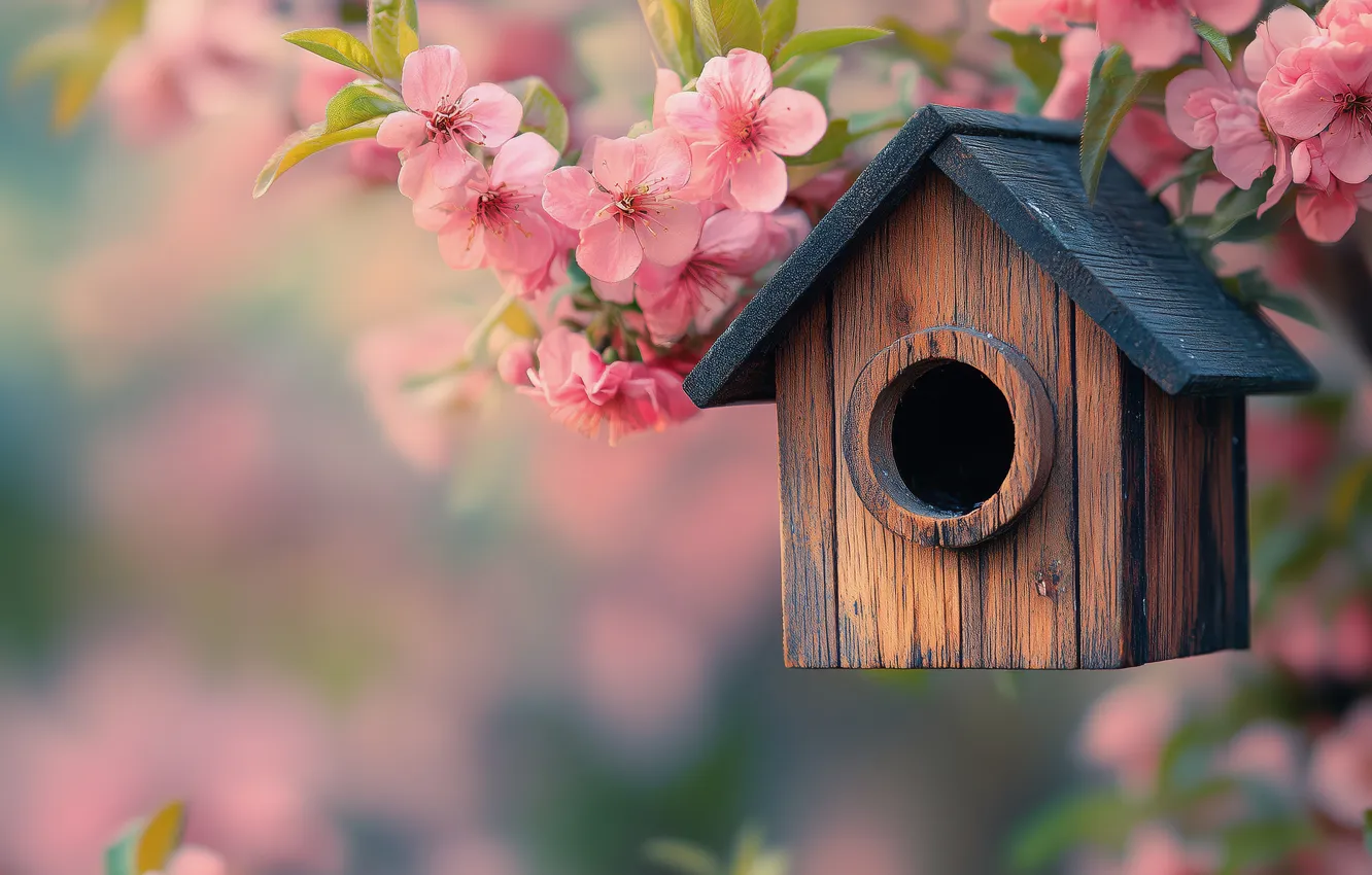 Photo wallpaper flowers, branches, spring, birdhouse, pink, flowering, bokeh, AI art