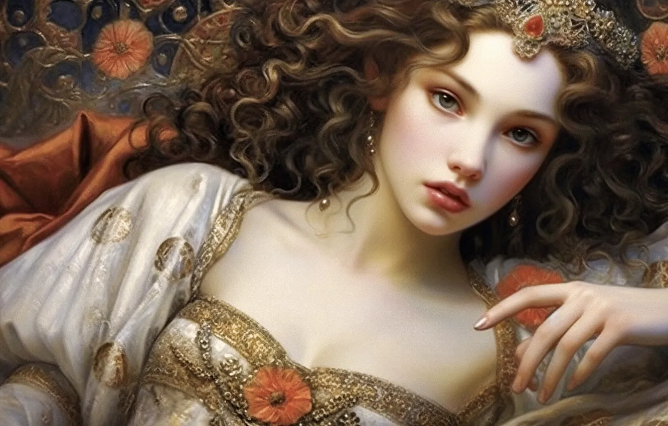 Photo wallpaper look, girl, decoration, face, portrait, hands, dress, art