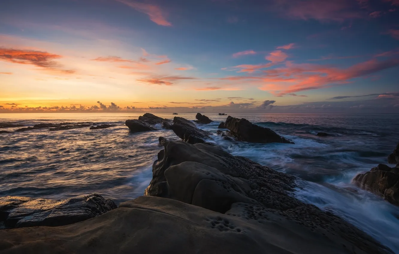 Photo wallpaper sea, clouds, sunset, nature, stones, rocks, dawn, shore
