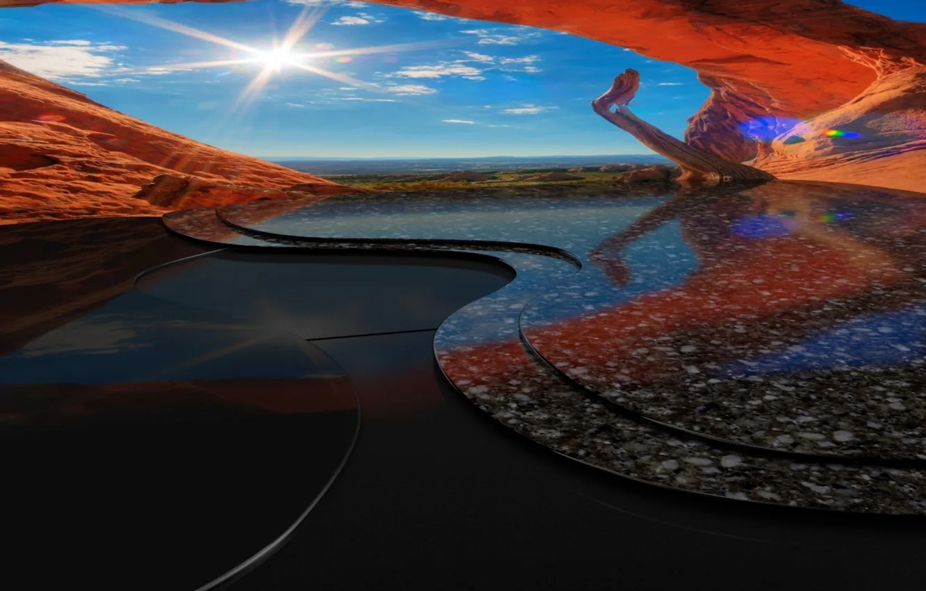 Photo wallpaper the sky, the sun, clouds, rays, line, rocks, spot