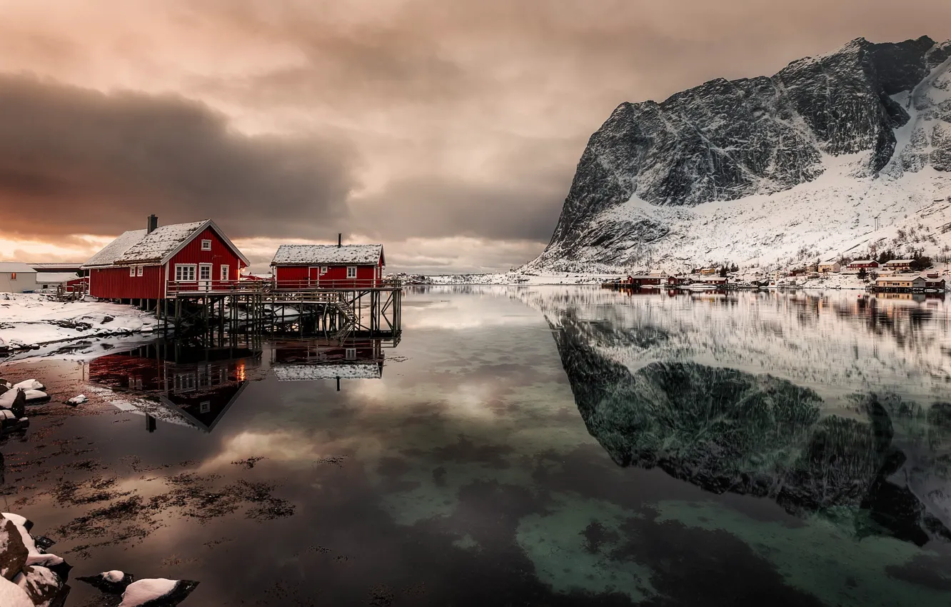 Photo wallpaper mountains, reflection, home, Norway, the fjord, The Lofoten Islands