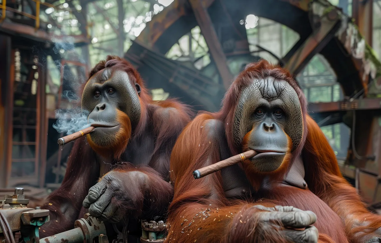 Photo wallpaper plant, monkey, cigar, a couple, orangutan, neural network