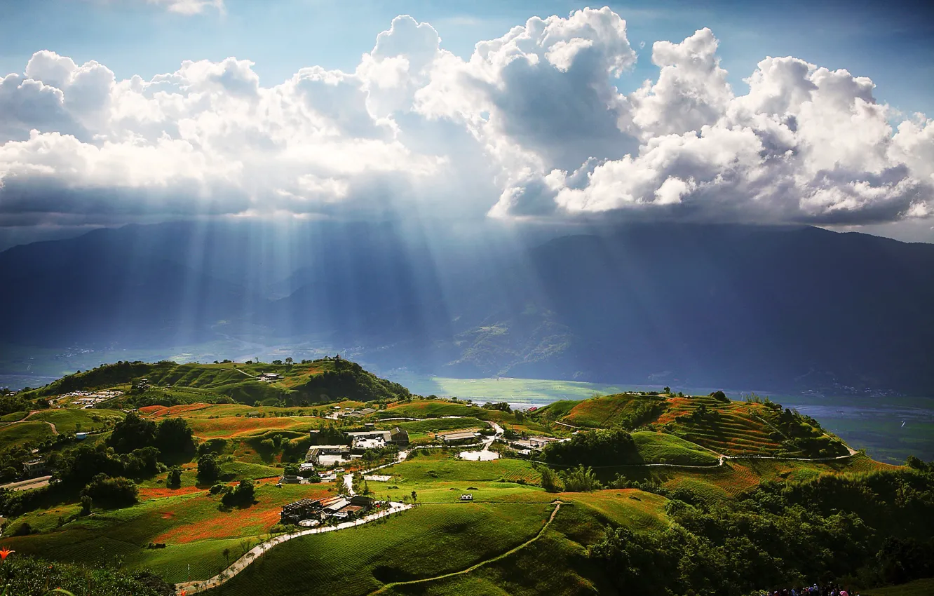 Photo wallpaper sky, trees, landscape, nature, Day, clouds, sun, people