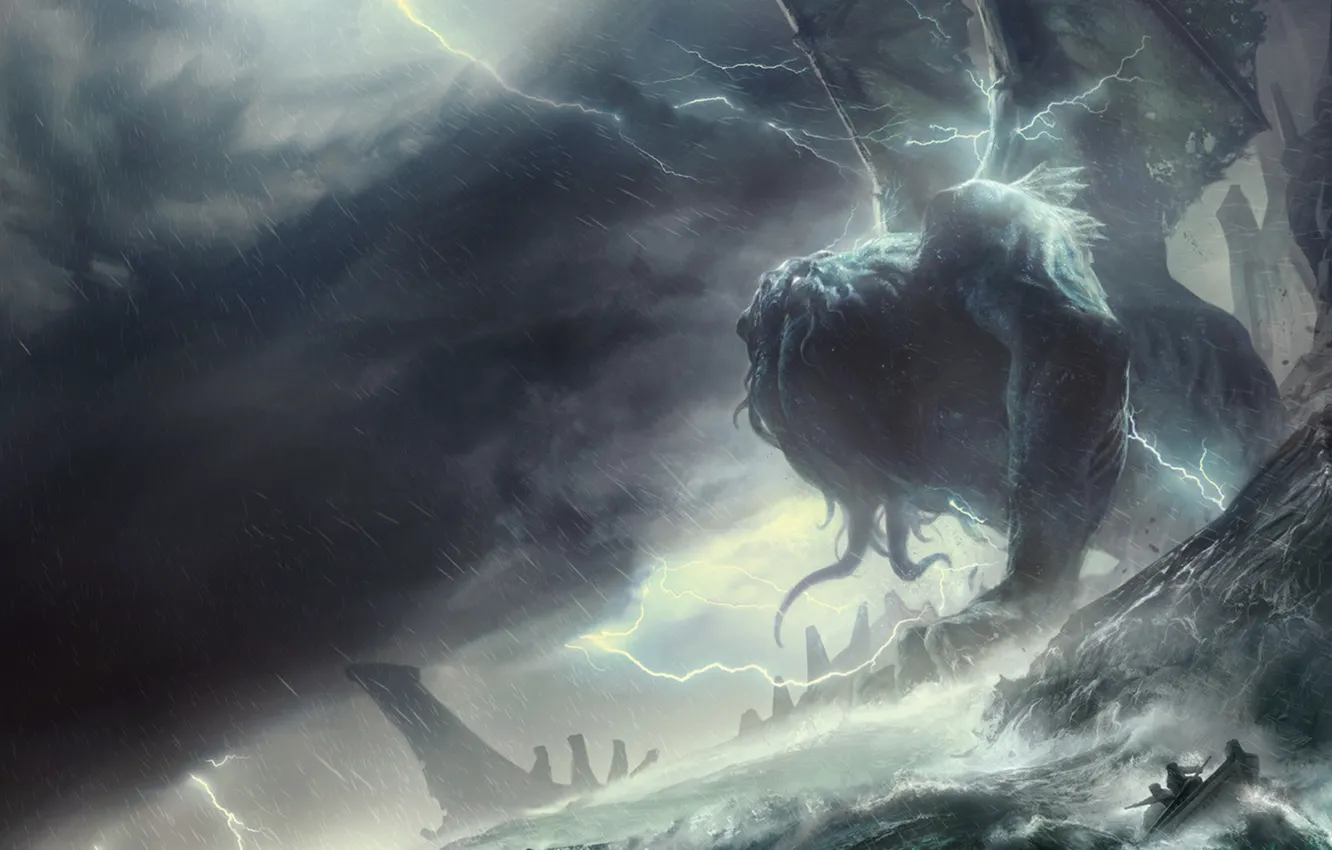 Photo wallpaper sea, clouds, storm, rocks, lightning, boat, tentacles, Cthulhu