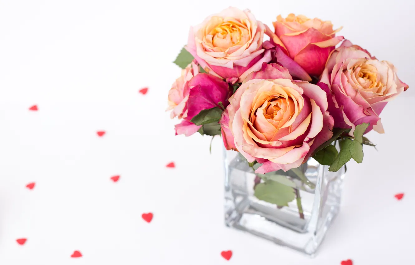 Photo wallpaper roses, hearts, vase