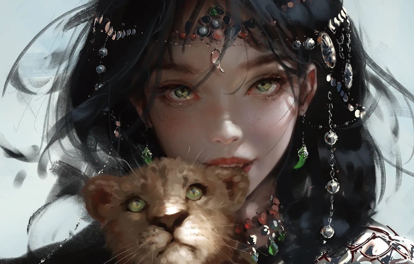 Photo wallpaper girl, portrait, brunette, lion, digital art, Wlop, WangLing