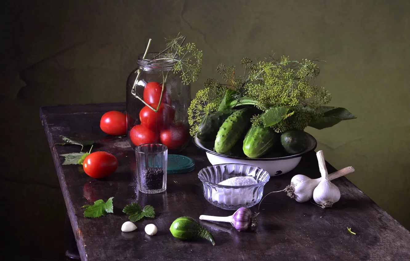 Photo wallpaper dill, tomato, cucumbers, salt, billet, preserving