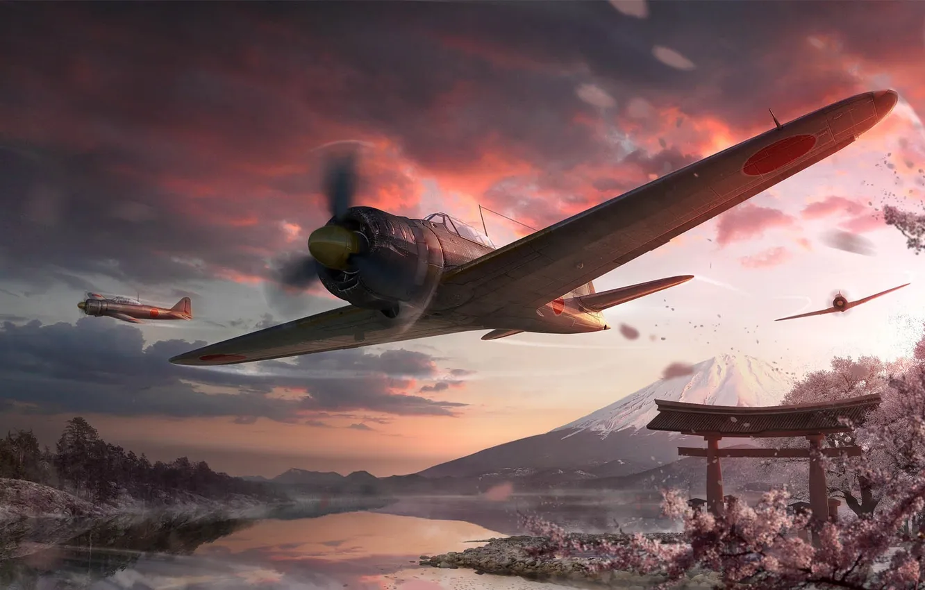 Photo wallpaper trees, flight, mountains, lake, Asia, Sakura, the plane, the gates