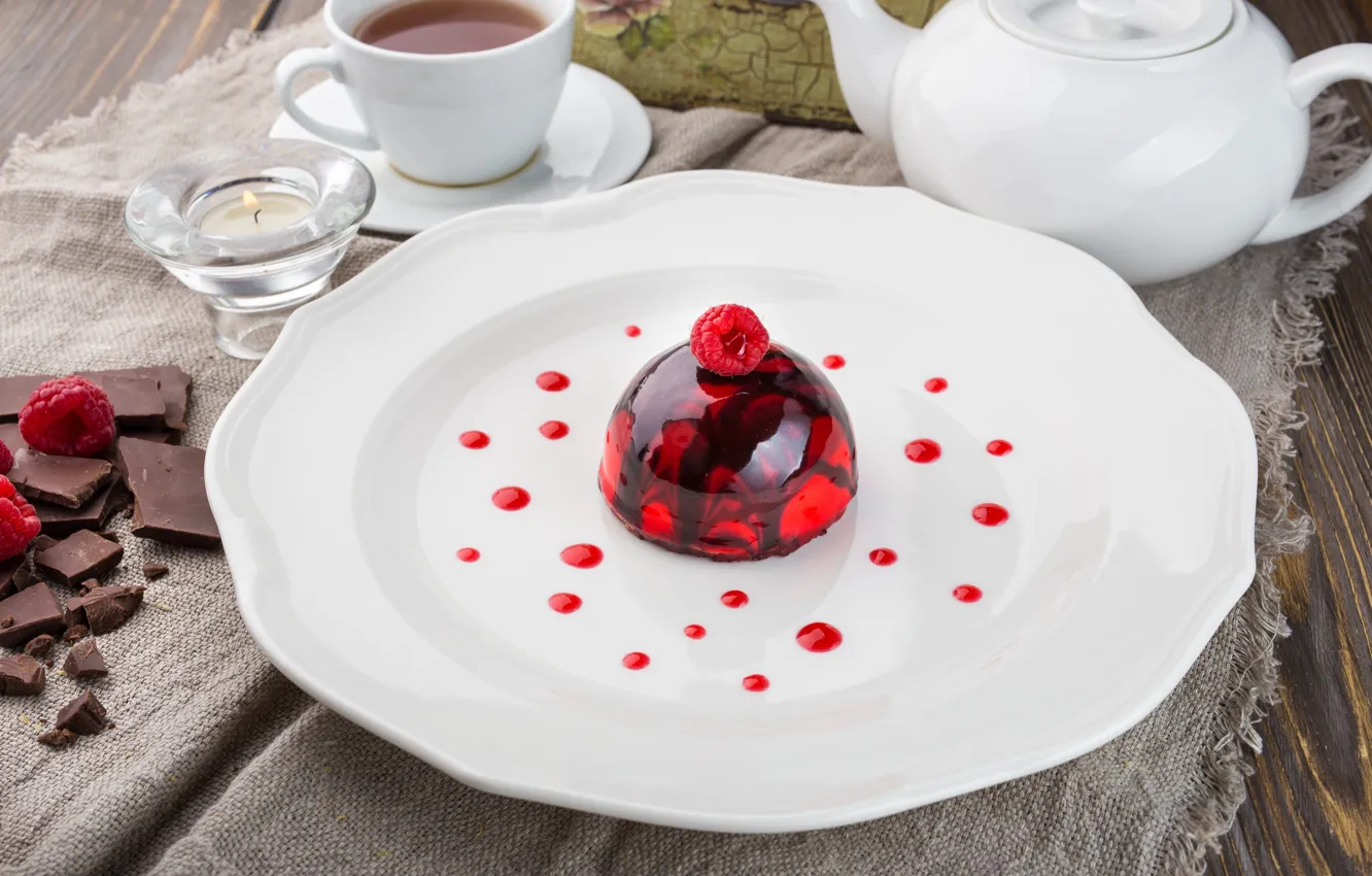 Photo wallpaper raspberry, tea, chocolate, dessert, jam, jelly