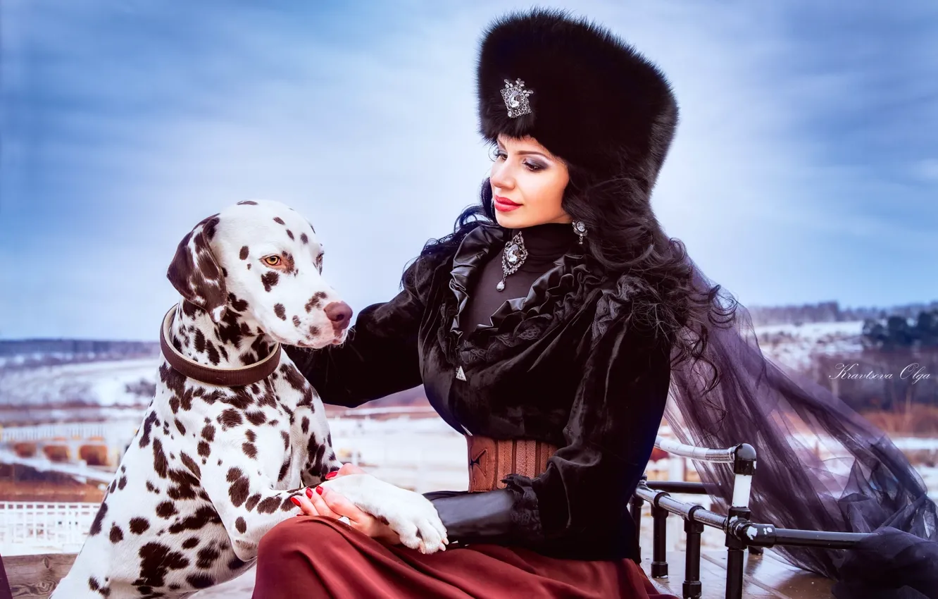 Photo wallpaper girl, hat, dog, brunette, outfit, fur, Dalmatians