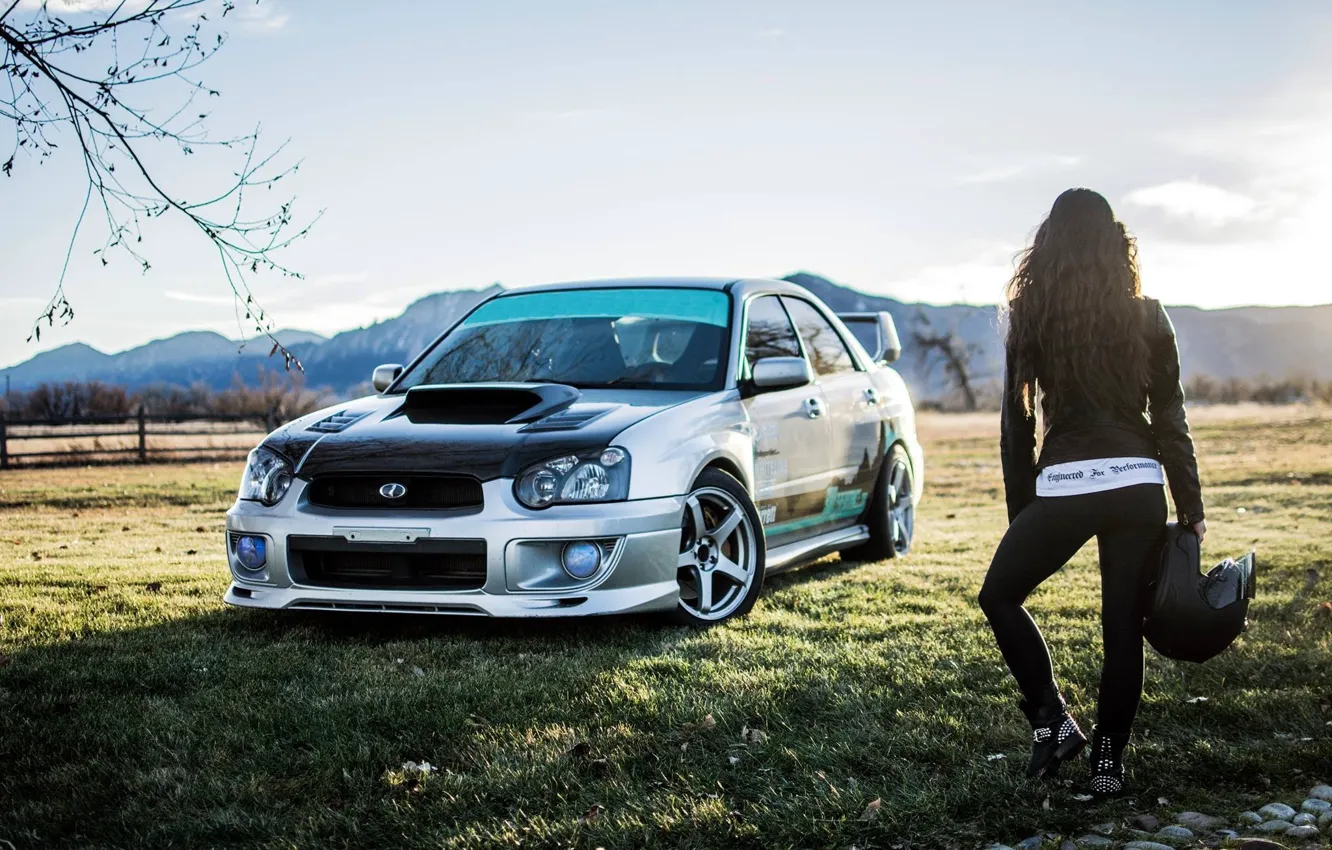 Photo wallpaper auto, grass, girl, Subaru, helmet