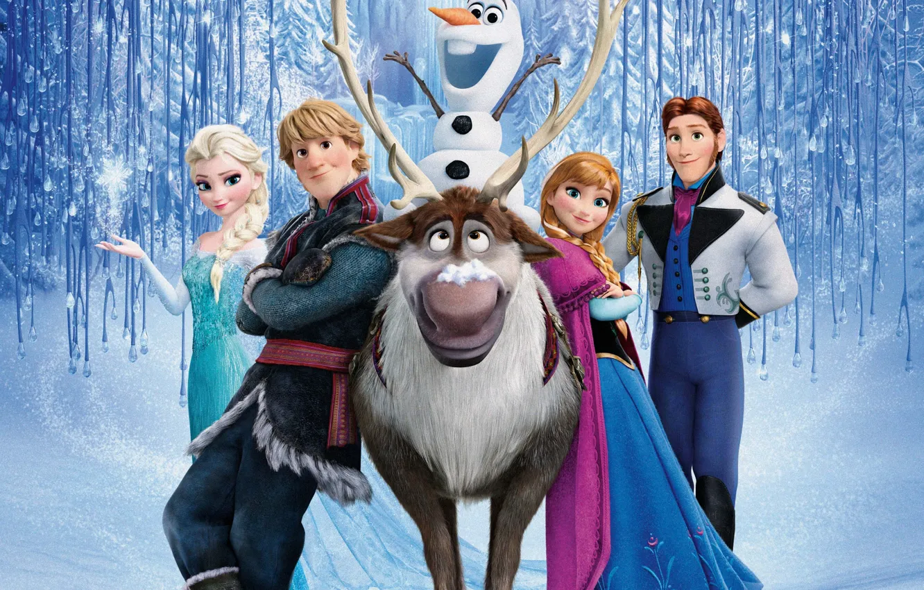Photo wallpaper snow, snowflakes, ice, deer, snowman, Frozen, Princess, Kingdom