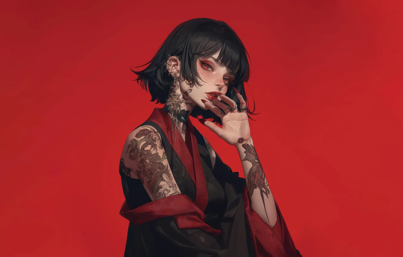 Photo wallpaper girl, anime, red background, AI Generated