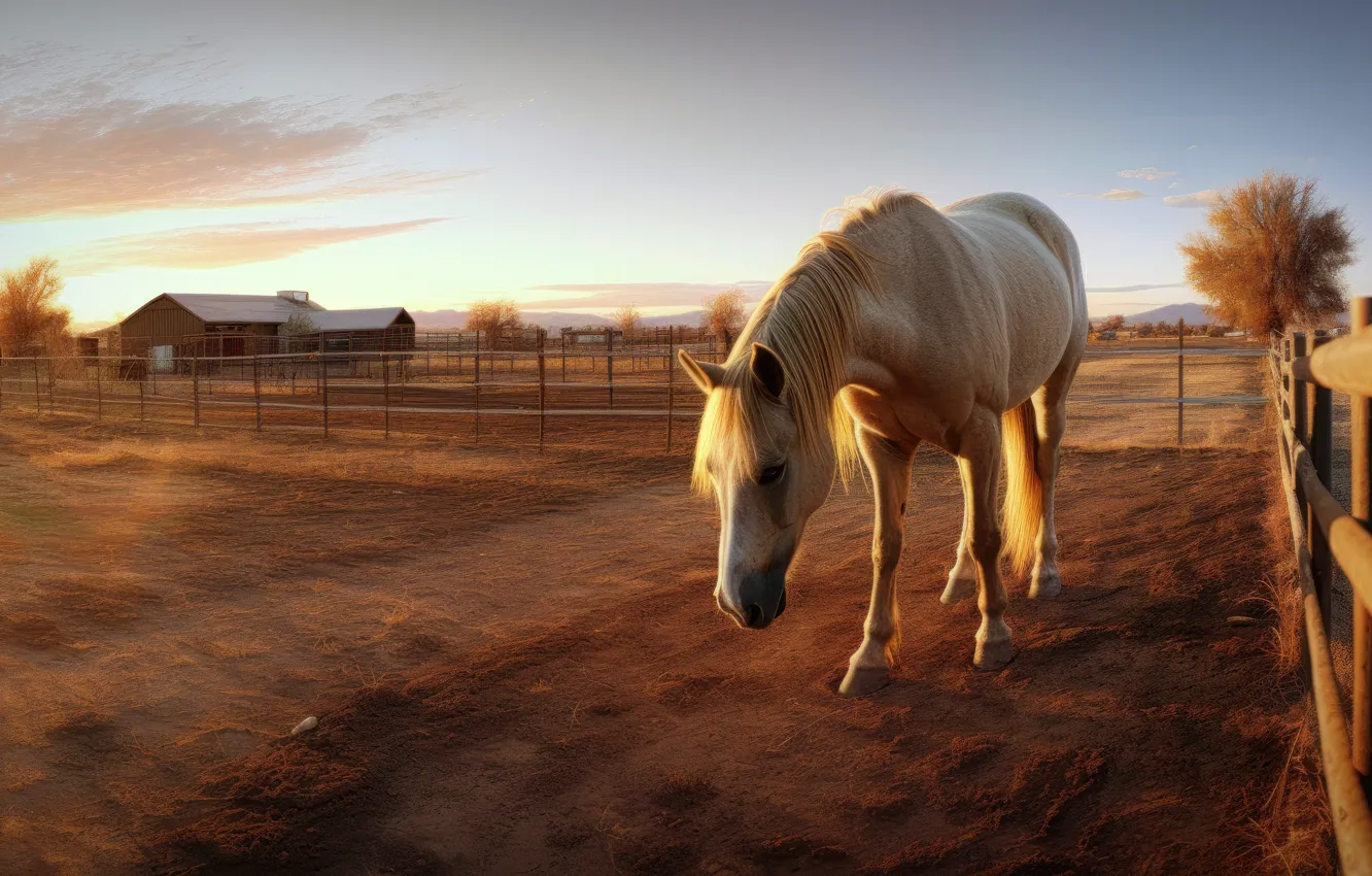 Photo wallpaper field, white, horse, horse, art, walk, fence, digital art