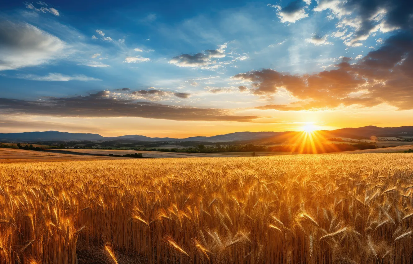 Photo wallpaper field, summer, the sky, the sun, clouds, rays, sunset, mountains