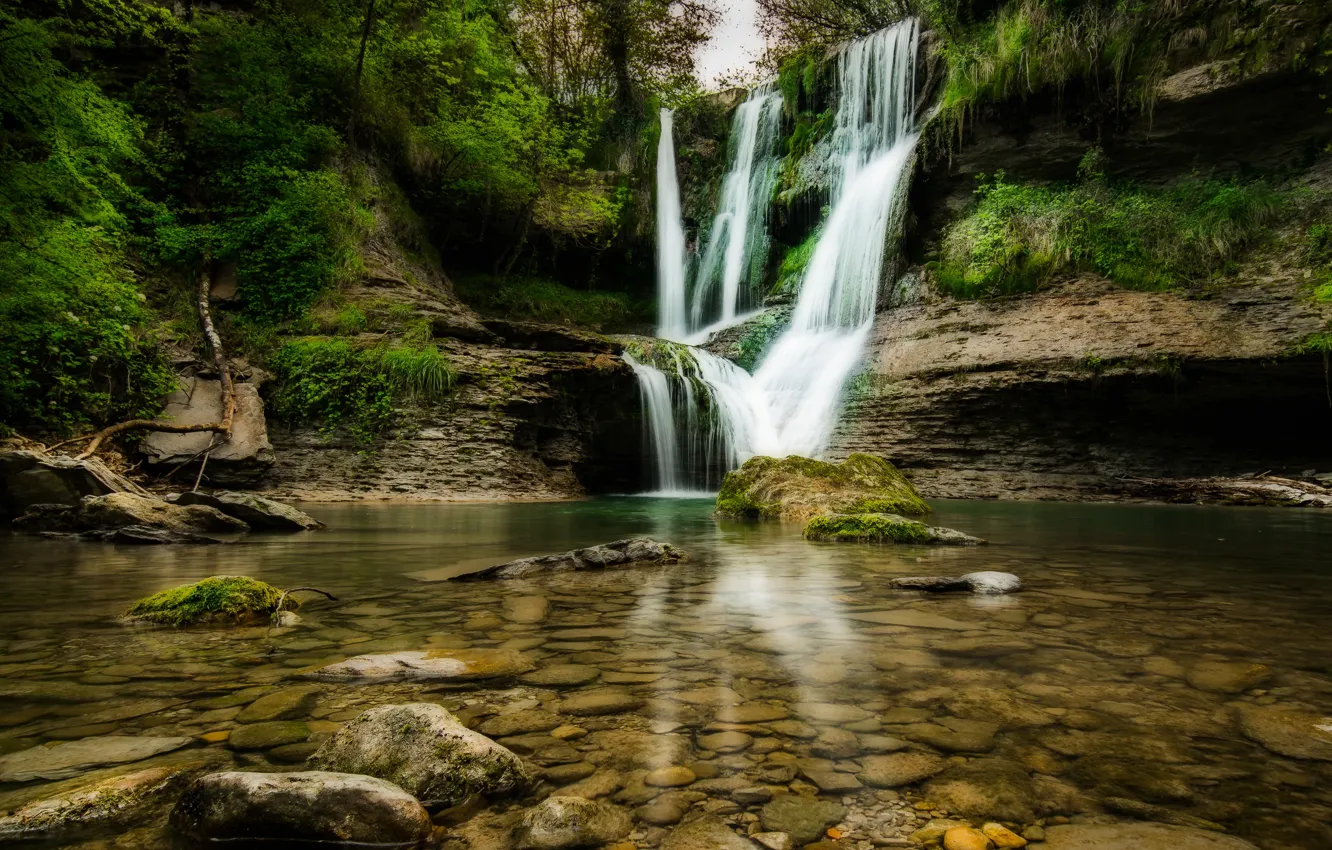 Photo wallpaper greens, forest, trees, stones, rocks, waterfall, moss, Spain