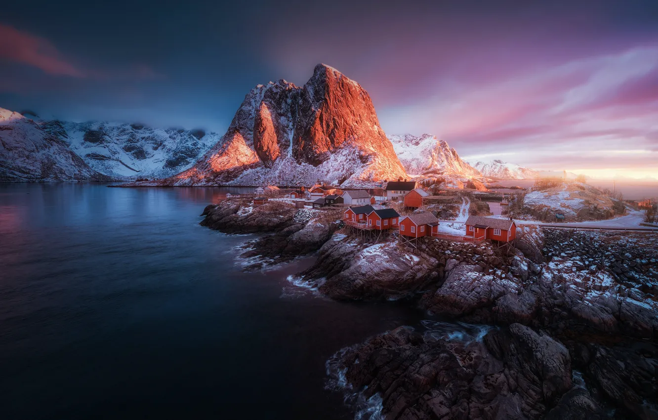 Photo wallpaper winter, sea, light, snow, mountains, rocks, island, Norway
